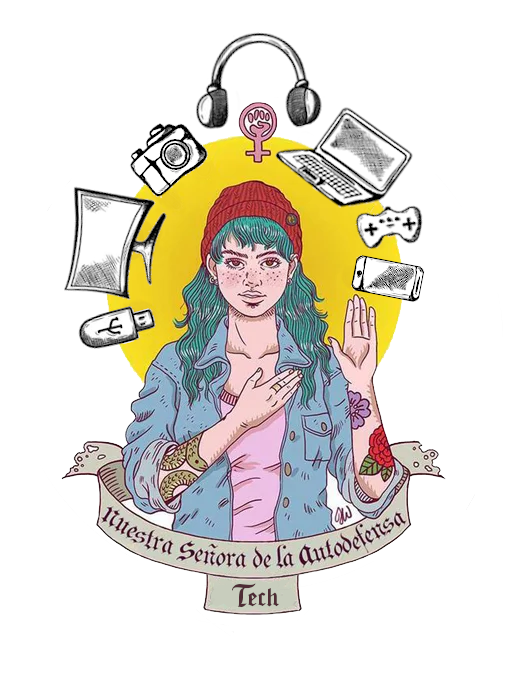 Nostra senyora amb eines informàtiques rodejant-la