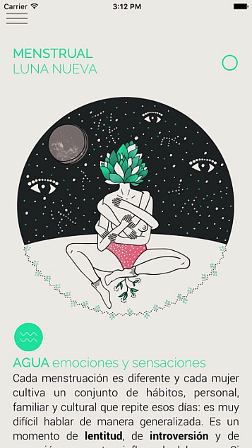 il·lustració sobre fons blanc sobre la lluna nova, amb un cercle on hi ha una dona asseguda al terra blanc i cel negre amb estels, planetes i ulls. la dona està nua amb molts braços i bragues rosa i cap de una planta verda. dona seguretat 