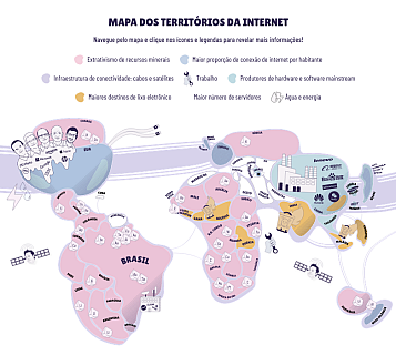 Mapa mundial amb els distints països mostrant l'extractivisme, conexióna internet, cables, treball, productors de maquinari i programari mainstream, destins de litio, major nombre de servidors i aigua i energia