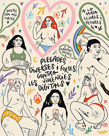 ilustració amb fons blanc amb dones escribint misattges mig despullades defensant que les xarxes siguin lliures i segures. molt empoderador