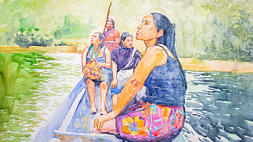 ilustración de mujeres en una barca por el rio