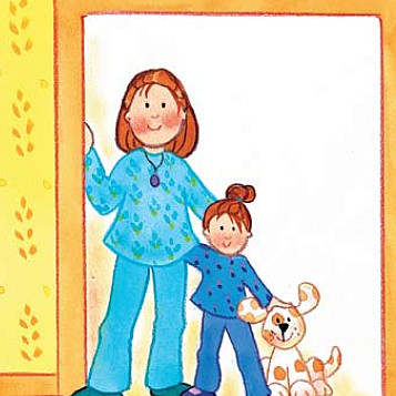 madre, hija y perro en el marco de una puerta. dibujo agradable y cariñoso