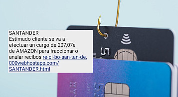 anzuelo cojiendo una tarjeta de crédito y con un texto que tiene un pyshing del banco Santander