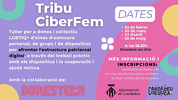 Cartell de Ciberfem. fons lila i rosa amb cercles i les lletres en blanc anunciant la trobada. Dona ganes.