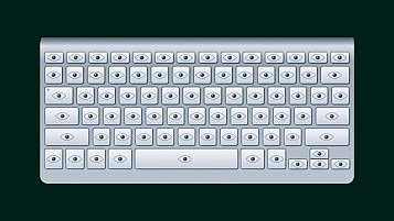dark green background and on top a light grey keyboard where the keys are eyes